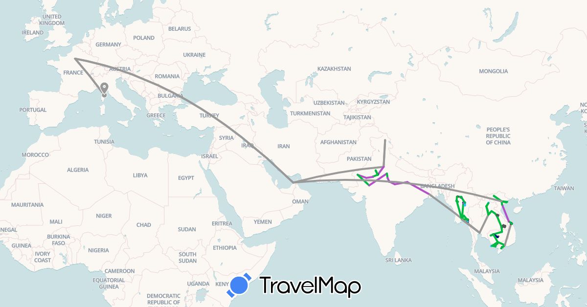 TravelMap itinerary: driving, bus, plane, cycling, train, hiking, boat, motorbike in United Arab Emirates, France, India, Cambodia, Laos, Myanmar (Burma), Thailand, Vietnam (Asia, Europe)