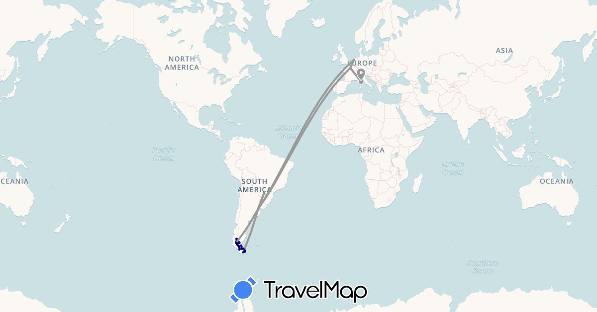 TravelMap itinerary: driving, bus, plane, hiking, boat in Argentina, Chile, France, Netherlands (Europe, South America)